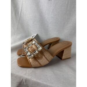 A New Day Kathleen Tan Raffia Rhinestone Buckle Block Heel Slide Sandals Size 6
